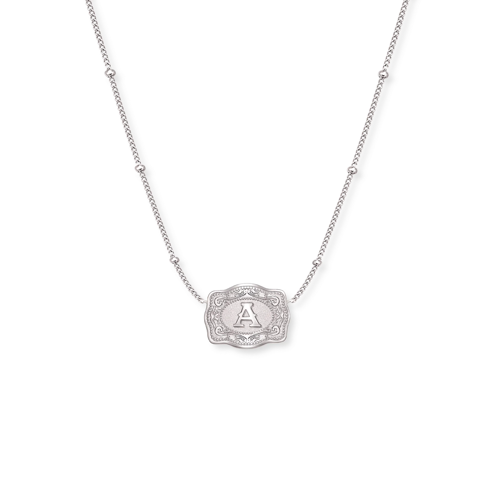 Gold necklace with a decorative pendant on a white background