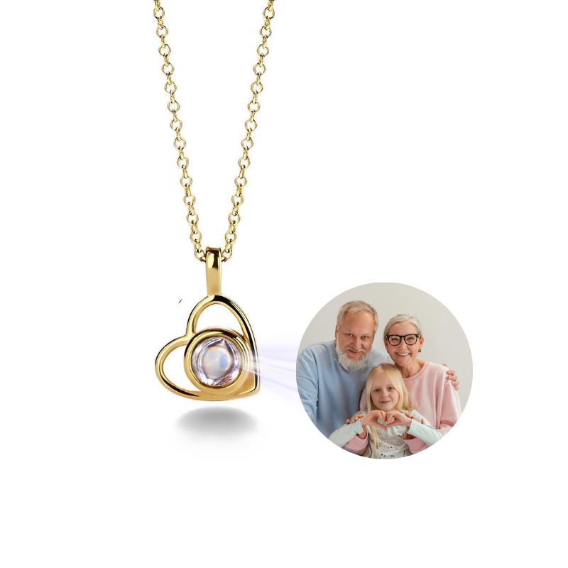 Gold heart-shaped necklace with a family photo inset on a white background