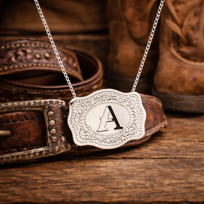 Silver belt buckle with letter 'A' on a leather belt with cowboy boots in the background.